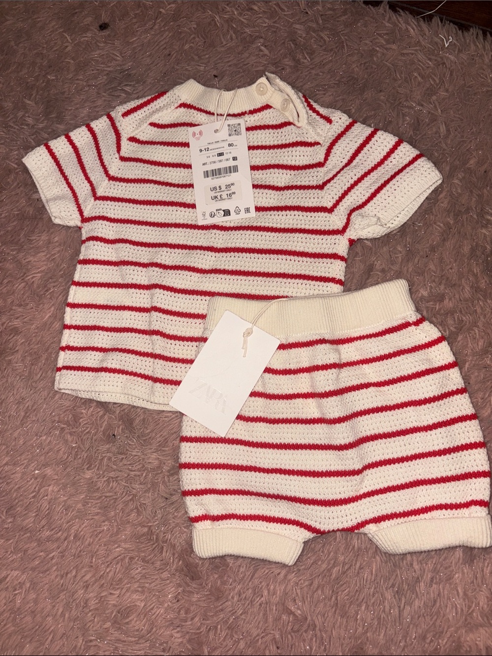 Zara Kids White and Red Striped Knit Top & Shorts Set